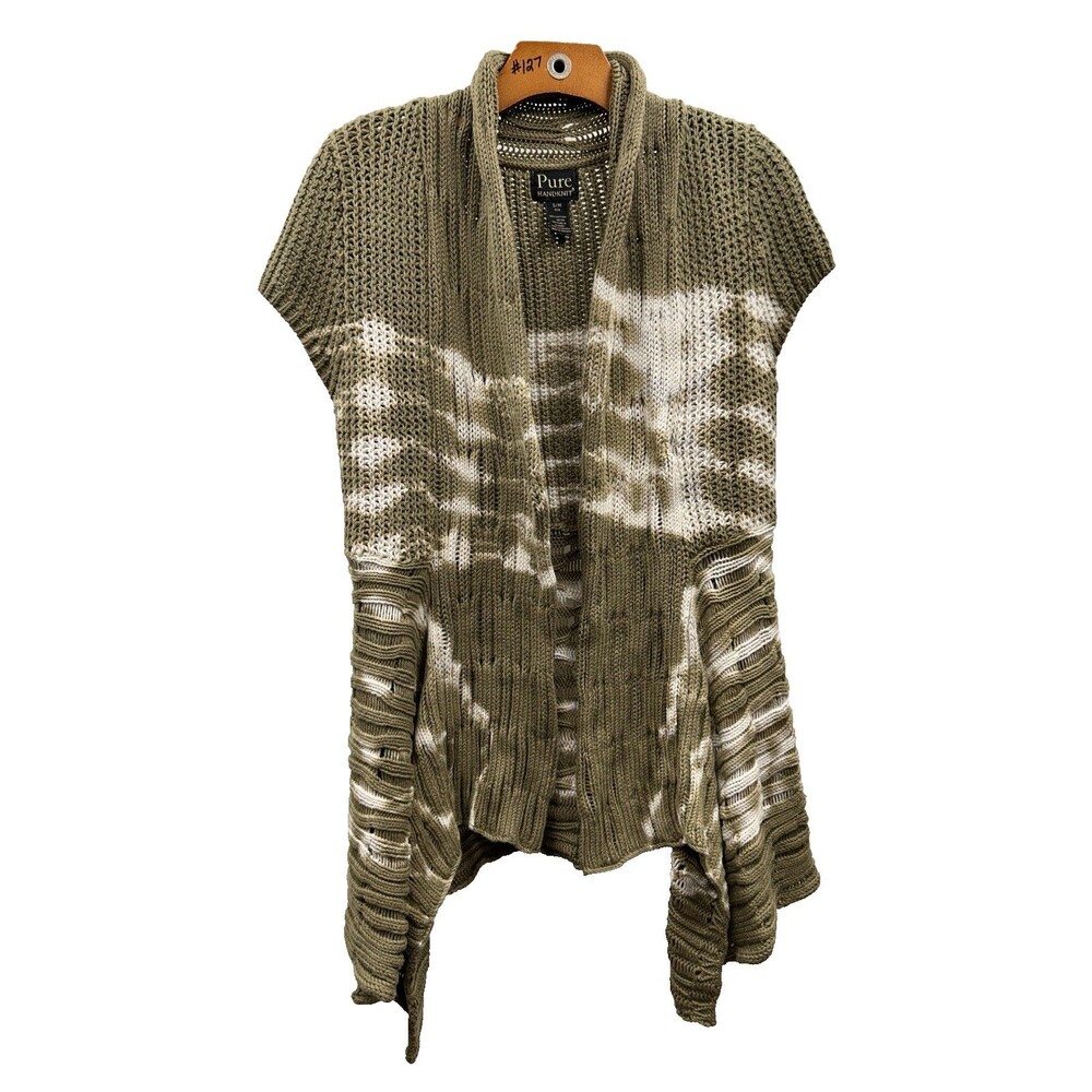 Pure Knit Open Front Knit Cardigan Green White Mid Length Sleeveless Women's S/M